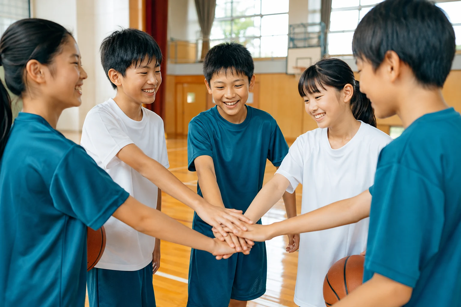 仲間と手を重ねる子どもたちのイメージ